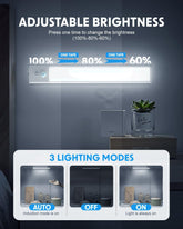 Lighting control panel with adjustable brightness and three lighting modes on a dark background.